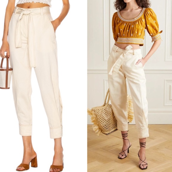 Ulla Johnson Levi Belted Ivory Linen Tapered Pleated Crop High Waist Pants - 8